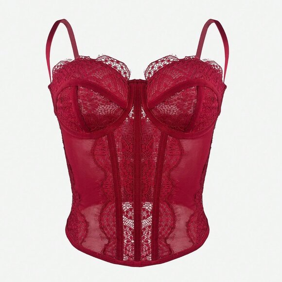 Burgundy Elegant Sexy Women's Bodycon Lace Trim Bustier Top - Picture 7 of 11